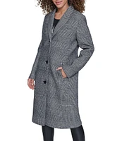 KARL LAGERFELD PARIS Wool Blend Glen Plaid Single Breasted Notch Collar Coat