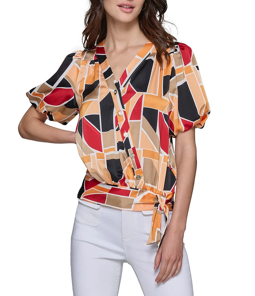 KARL LAGERFELD PARIS Woven Abstract Geo-Print Button-Down Tie Waist Short Sleeve Top