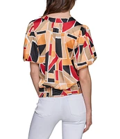 KARL LAGERFELD PARIS Woven Abstract Geo-Print Button-Down Tie Waist Short Sleeve Top