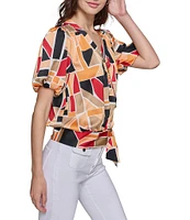 KARL LAGERFELD PARIS Woven Abstract Geo-Print Button-Down Tie Waist Short Sleeve Top