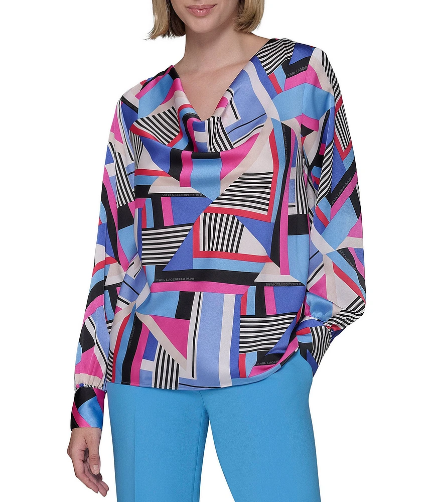 KARL LAGERFELD PARIS Woven Geometric Print Cowl Neck Long Sleeve Blouse