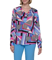 KARL LAGERFELD PARIS Woven Geometric Print Cowl Neck Long Sleeve Blouse