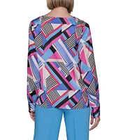 KARL LAGERFELD PARIS Woven Geometric Print Cowl Neck Long Sleeve Blouse