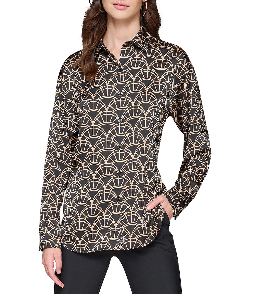 KARL LAGERFELD PARIS Woven Gold Fan Printed Spread Collar Long Cuff Sleeve Button Down Top