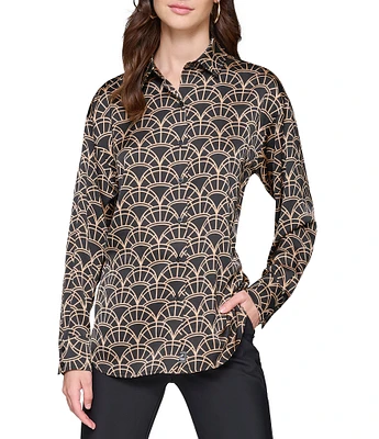 KARL LAGERFELD PARIS Woven Gold Fan Printed Spread Collar Long Cuff Sleeve Button Down Top