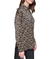 KARL LAGERFELD PARIS Woven Gold Fan Printed Spread Collar Long Cuff Sleeve Button Down Top