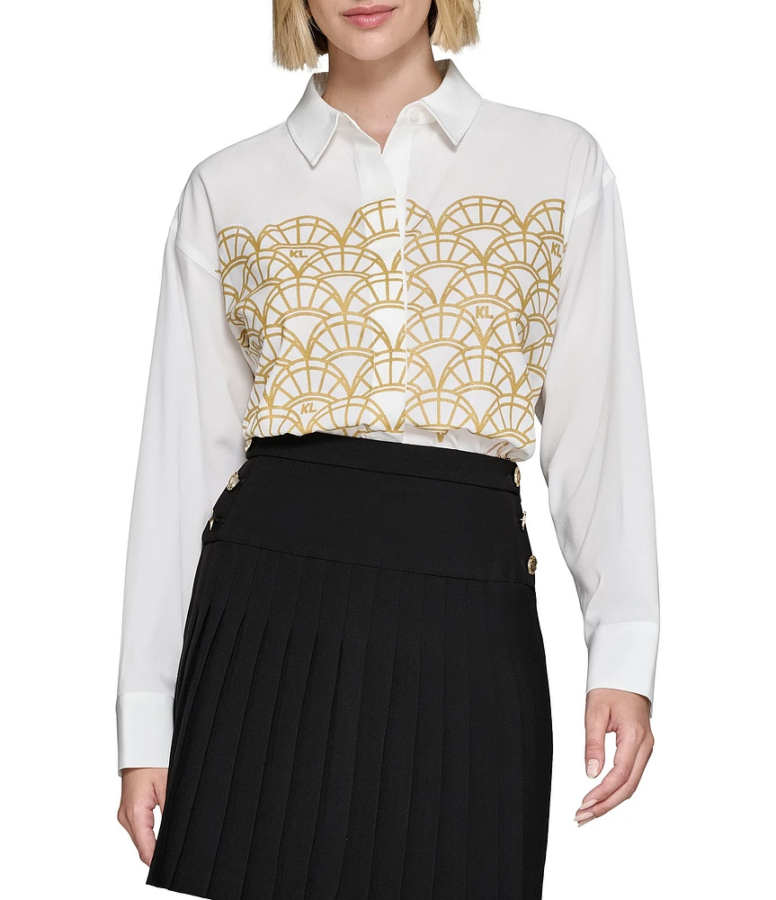 KARL LAGERFELD PARIS Woven Gold Sequin Fan Motif Point Collar Long Sleeve Button Front Blouse