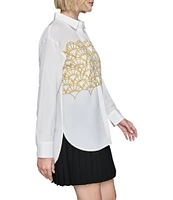 KARL LAGERFELD PARIS Woven Gold Sequin Fan Motif Point Collar Long Sleeve Button Front Blouse