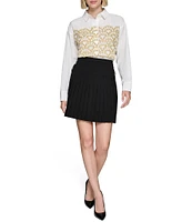 KARL LAGERFELD PARIS Woven Gold Sequin Fan Motif Point Collar Long Sleeve Button Front Blouse