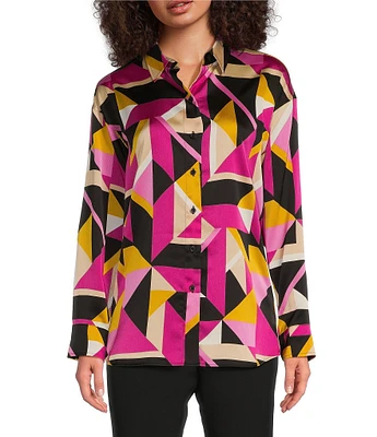 KARL LAGERFELD PARIS Woven Geo Print Long Sleeve Button Down Top