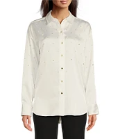 KARL LAGERFELD PARIS Woven Pearl Embellished Long Sleeve Button Front Top