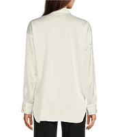 KARL LAGERFELD PARIS Woven Pearl Embellished Long Sleeve Button Front Top