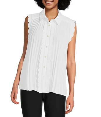 KARL LAGERFELD PARIS Woven Point Collar Sleeveless Scalloped Trim Button-Front Pleated Blouse