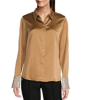 KARL LAGERFELD PARIS Woven Rhinestone Cuff Point Collar Button Down Top