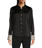 KARL LAGERFELD PARIS Woven Rhinestone Cuff Point Collar Button Down Top