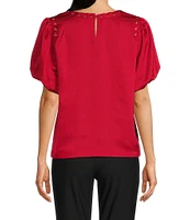 KARL LAGERFELD PARIS Woven Short Sleeve Stitch Detailed Grommet Top