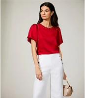 KARL LAGERFELD PARIS Woven Short Sleeve Stitch Detailed Grommet Top