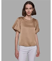 KARL LAGERFELD PARIS Woven Short Sleeve Stitch Detailed Grommet Top