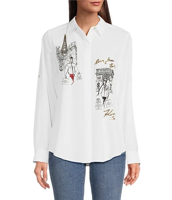 KARL LAGERFELD PARIS Woven Sketch Scene Embellished Long Sleeve Blouse