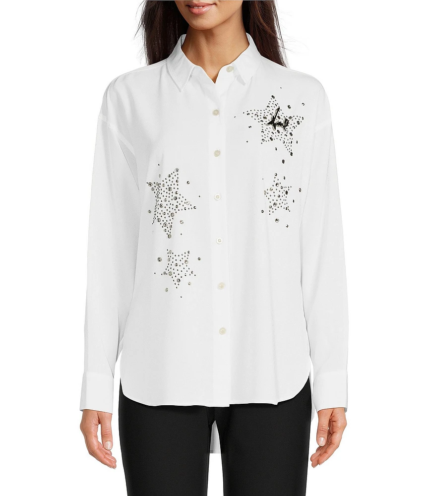 KARL LAGERFELD PARIS Woven Star Point Collar Button Front Long Sleeve Shirt