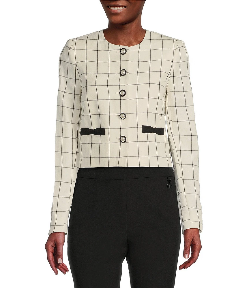 KARL LAGERFELD PARIS Woven Windowpane Collarless Long Sleeve Cropped Button Front Jacket