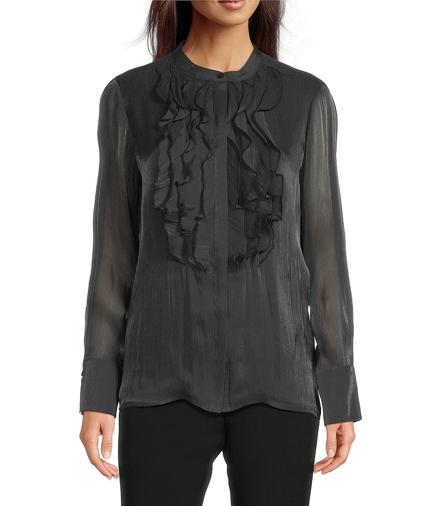 KARL LAGERFELD PARIS Organza Collared Long Sleeve Ruffle Front Blouse