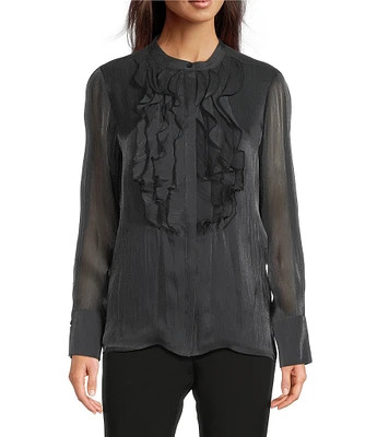 KARL LAGERFELD PARIS Organza Collared Long Sleeve Ruffle Front Blouse