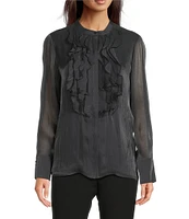 KARL LAGERFELD PARIS Organza Collared Long Sleeve Ruffle Front Blouse