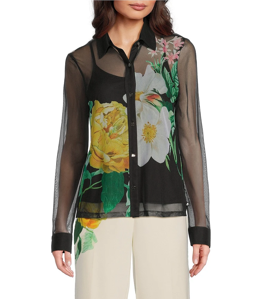 KARL LAGERFELD PARIS Mesh Knit Floral Print Point Collar Long Sleeves Button Down Shirt