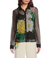 KARL LAGERFELD PARIS Mesh Knit Floral Print Point Collar Long Sleeves Button Down Shirt