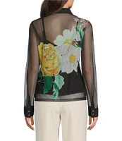 KARL LAGERFELD PARIS Mesh Knit Floral Print Point Collar Long Sleeves Button Down Shirt