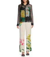 KARL LAGERFELD PARIS Mesh Knit Floral Print Point Collar Long Sleeves Button Down Shirt