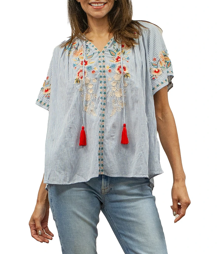 Karyn Seo Adira Floral Embroidered Tassel V-Neck Short Flutter Sleeve Top