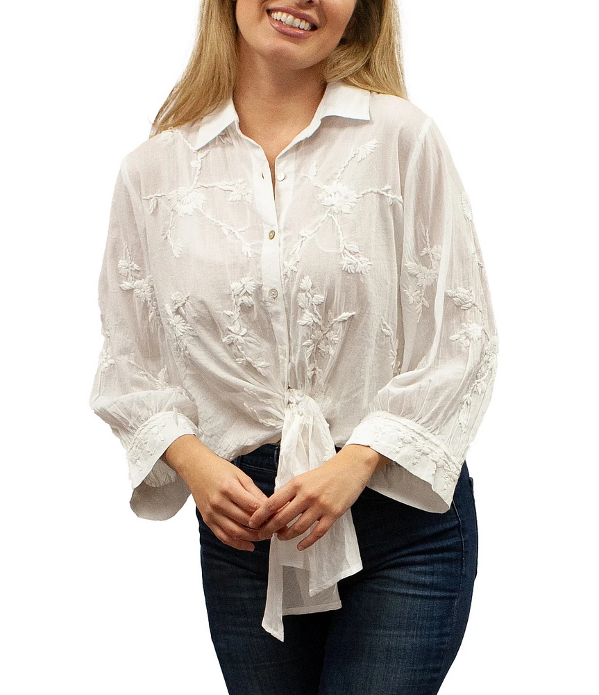 Karyn Seo Alanis Hand-Embroidered Spread Collar Long Sleeve Button-Front Self-Tie Blouse
