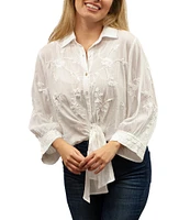 Karyn Seo Alanis Hand-Embroidered Spread Collar Long Sleeve Button-Front Self-Tie Blouse