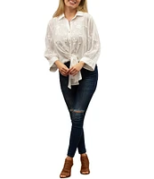 Karyn Seo Alanis Hand-Embroidered Spread Collar Long Sleeve Button-Front Self-Tie Blouse