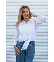 Karyn Seo Alanis Hand-Embroidered Spread Collar Long Sleeve Button-Front Self-Tie Blouse