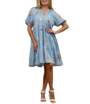 Karyn Seo Aryn V-Neck Short Sleeves Multicolor Embroidered Tiered Babydoll Dress