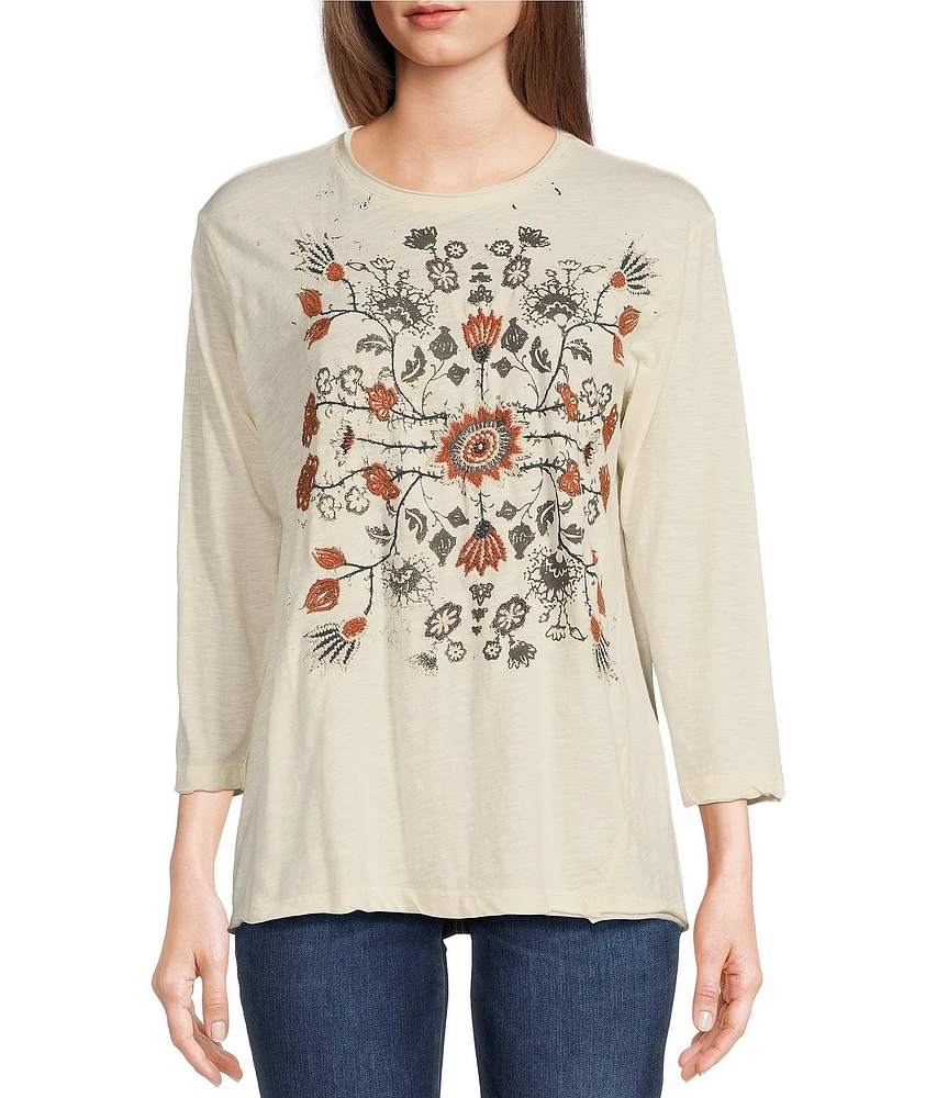 Karyn Seo Avi Embroidered Cotton Slub 3/4 Sleeve Top