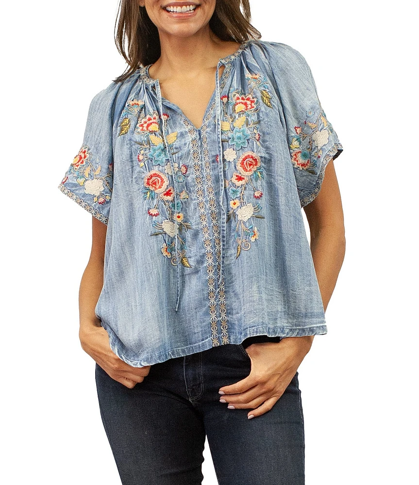 Karyn Seo Betty Tencel Embroidered Floral Motif Notch V-Neck Blouse