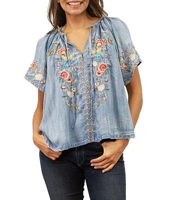 Karyn Seo Betty Tencel Embroidered Floral Motif Notch V-Neck Blouse