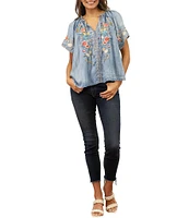 Karyn Seo Betty Tencel Embroidered Floral Motif Notch V-Neck Blouse