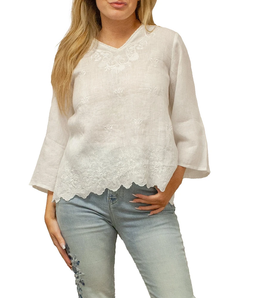Karyn Seo Billie Linen Tonal Embroidered 3/4 Sleeve Blouse