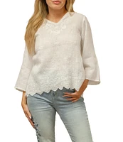 Karyn Seo Billie Linen Tonal Embroidered 3/4 Sleeve Blouse