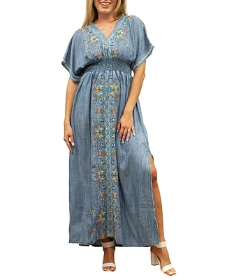 Karyn Seo Dani Embroidered Chambray Short Sleeve Maxi Dress