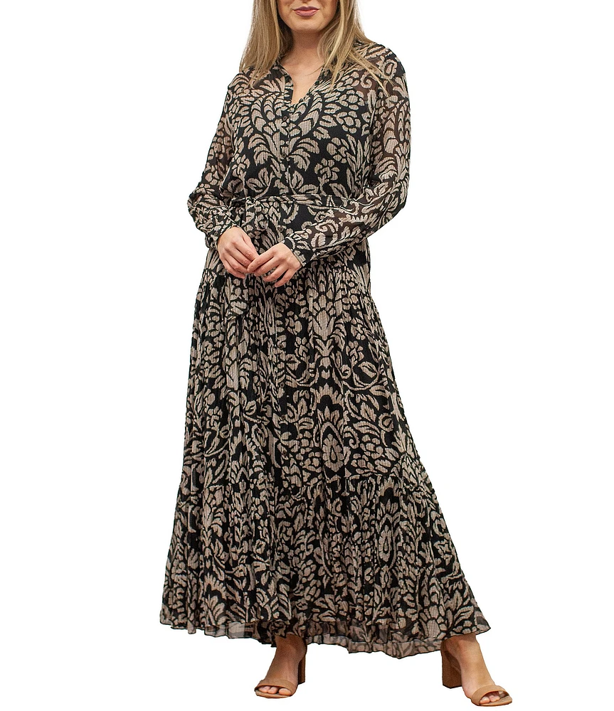 Karyn Seo Dory Damask Chiffon Long Sleeve Collared Button-Front Shirt Dress