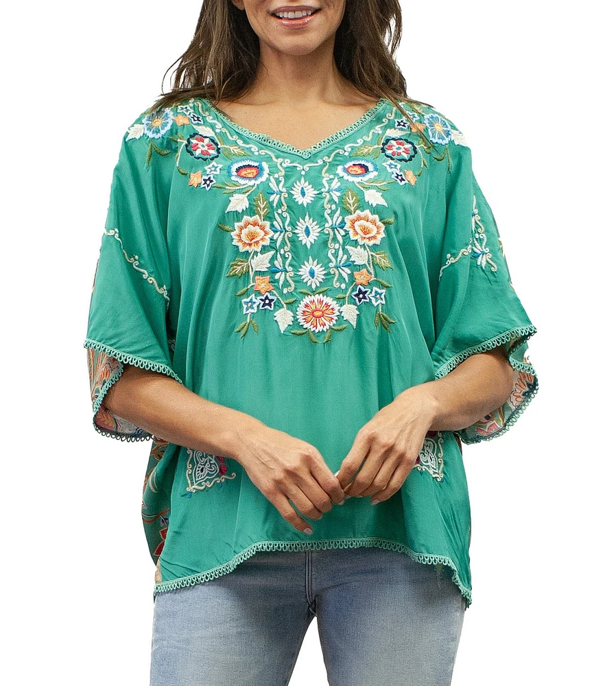 Karyn Seo Embroidered V-Neck Short Sleeve Printed Back Blouse