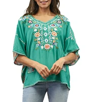 Karyn Seo Embroidered V-Neck Short Sleeve Printed Back Blouse