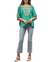 Karyn Seo Embroidered V-Neck Short Sleeve Printed Back Blouse