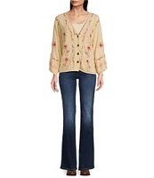 Karyn Seo Esvi Embroidered V-Neck Long Bell Sleeve Knit Cardigan